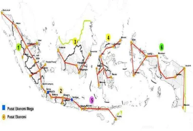 Gambar 4.  Peta koridor ekonomi Indonesia (Kementerian KoordinatorBidang Perekonomian, 2011)