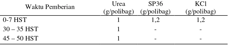 Tabel 1.Takaran dan waktu pemberian pupuk pada tanaman menggunakan pupuktunggal urea, SP36, dan KCI.