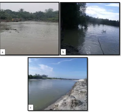 Gambar 3. Stasiun 1 (a) Titik 1 (Pemukiman Masyarakat), (b) Titik 2 (Pendaratan Ikan), (c) Titik 3 (Muara Sungai)