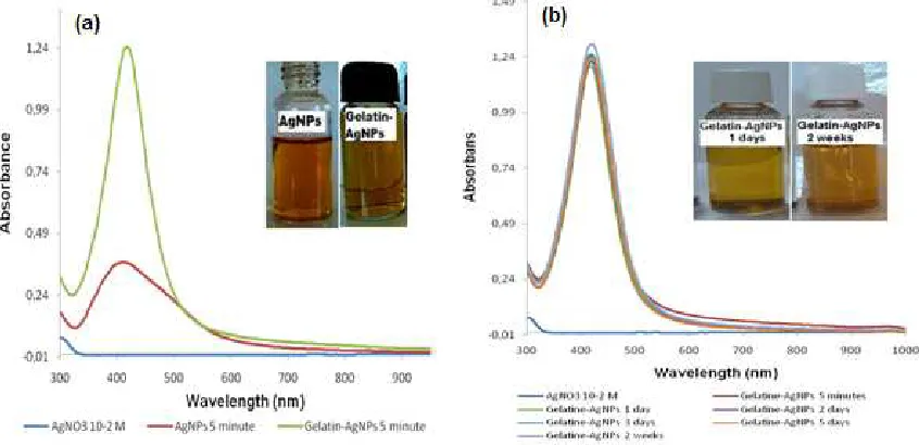 Fig 1. Spectrum UV-Vis AgNPs and visual observation on AgNPs synthesis process (a) and stability of AgNPs (b)