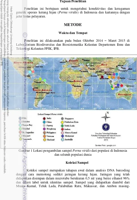 Gambar 1 Lokasi pengambilan sampel Perna viridis dari populasi di Indonesia 
