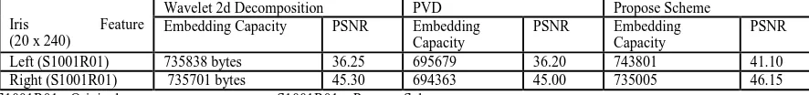 Table 1:  The Performance of Embedding Technique   Wavelet 2d Decomposition 