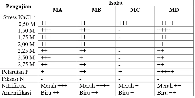 Tabel 1. Hasil uji Potensi Isolat Rhizobacteri indigenous lahan pasir                vulkanik Merapi terhadap kemampuan sebagai Pupuk hayati 