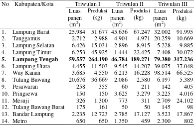 Tabel 3. Luas panen dan produksi tanaman kencur Provinsi Lampungmenurut kabupaten/kota tahun 2012.