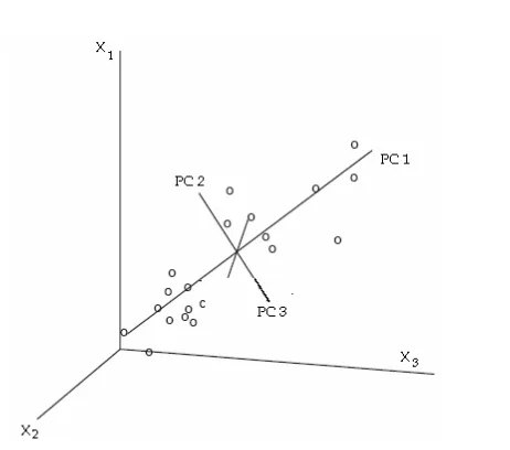 Gambar 3 Komponen utama dari peubah X1,X2, dan X3 