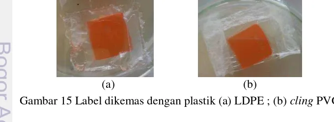 Gambar 15 Label dikemas dengan plastik (a) LDPE ; (b) cling PVC 