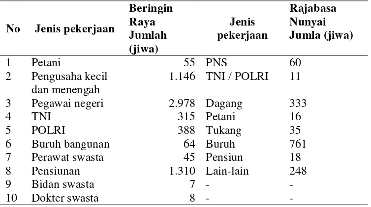 Tabel 7. Jumlah penduduk berdasarkan mata pencaharian pokok di Kelurahan Beringin Raya dan Kelurahan Rajabasa Nunyai 