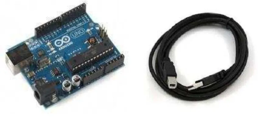Gambar 2.2 (a). Board Arduino Uno dan  (b). Kabel USB [4] 