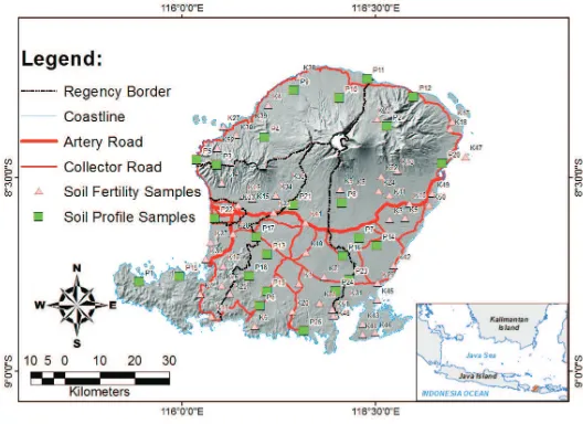 Fig. 1. Province and the soil sampling point, including soil fertility and soil profile sampling (Widiatmaka The research areas of Lombok Island, West Nusa Tenggara et al., 2013, 2014b)