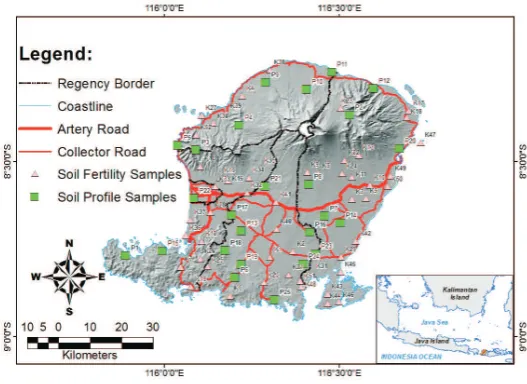 Fig. 1. Province and the soil sampling point, including soil fertility and soil profile sampling (Widiatmaka The research areas of Lombok Island, West Nusa Tenggara et al., 2013, 2014b)