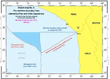 Gambar 1. Peta Sengketa Batas Maritim yang diklaim antara Peru dengan Chile 