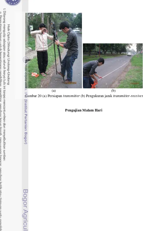 Gambar 20 (a) Persiapan transmitter (b) Pengukuran jarak transmitter-receiver 