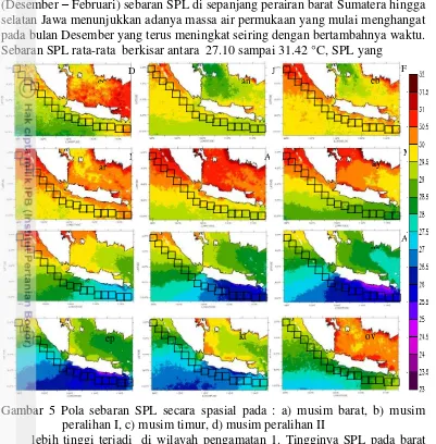 Gambar 5 Pola sebaran SPL secara spasial pada : a) musim barat, b) musim 