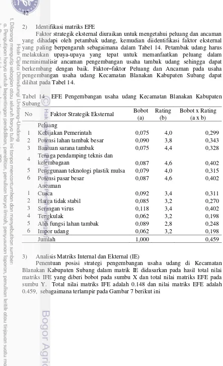 Tabel 14  EFE Pengembangan usaha udang Kecamatan Blanakan Kabupaten 