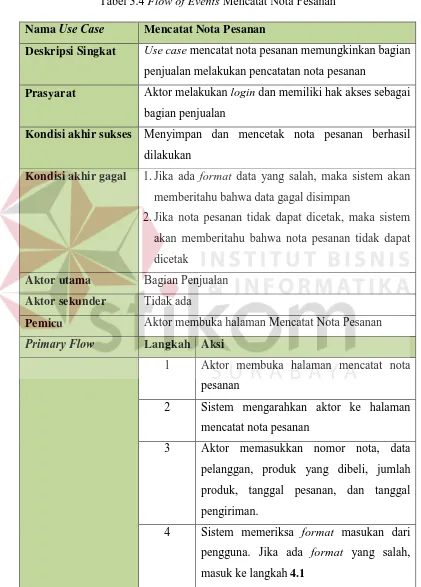 Tabel 3.4 Flow of Events Mencatat Nota Pesanan 