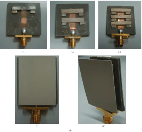 Figure 6: Photograph of fabricated BiT array antennas (a) two BiT ceramic elements (b) four BiT ceramic elements (c) six BiT ceramicelements (d) dielectric layer (i) front view (ii) perspective view.