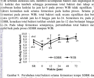 Gambar 9.  Perubahan total bakteri selama fermentasi tempe SDBR dan WJB. SR: Setelah perendaman