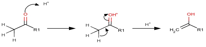 Gambar 2. Struktur pembentukan enol. Katalis asam akan memprotonasi                   gugus karbonil pada atom oksigen yang diikuti oleh pelepasan 