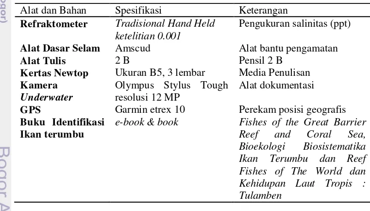 Tabel 2 Alat dan bahan pengamatan struktur komunitas ikan terumbu 