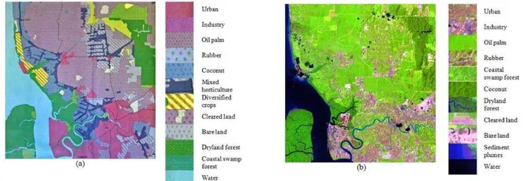 Fig. 1. The study area from (a) the land cover map and (b) the Landsat-5 TM 