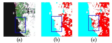 Fig. 7. �derived from the spectral analysis (c). Cloud is indicated by bright areas in (a) Reference image (a), the MODIS cloud mask (b) and the mask and red areas in (b) and (c)