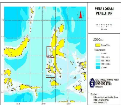 Gambar 1. Lokasi penelitian dan pembagian zona di wilayah perairan Barat dan Selatan  Provinsi Maluku Utara