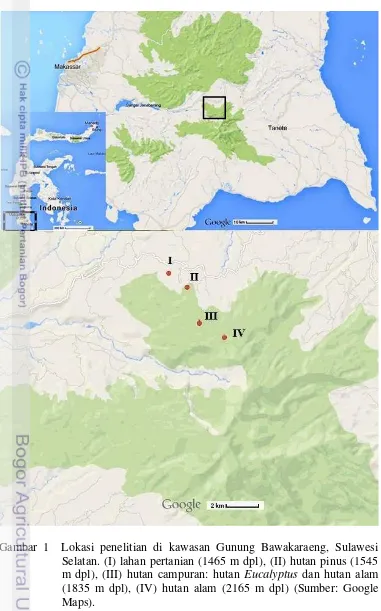 Gambar 1  Lokasi penelitian di kawasan Gunung Bawakaraeng, Sulawesi 