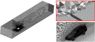 Figure 1: Computational domain (left) and prism mesh layers on vehicle surface (right)
