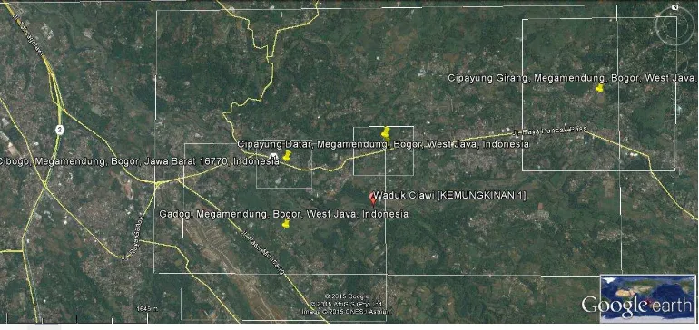 Gambar 10 Lokasi desa dan perkiraan Waduk Ciawi pada Google Earth 