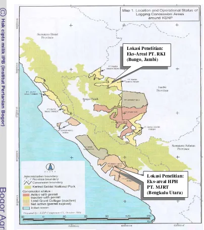 Gambar 14. Kawasan Areal dan Eks Hutan Konsesi di Sekitar Daerah Penyangga  TNKS dan Lokasi Penelitian 