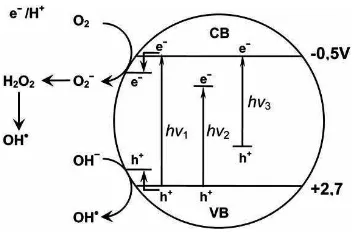 Gambar 2.4. Mekanisme fotokatalis TiO2 : hν1: TiO2 murni; hν2: TiO2 doping logam dan hν3: TiO2 doping non logam