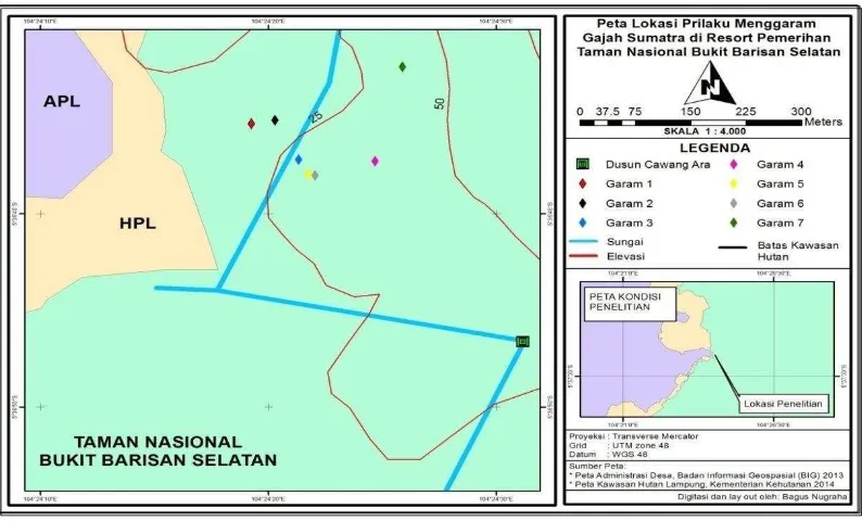 Gambar 2.  Peta lokasi menggaram gajah pada penelitian perilaku makan dan menggaram gajah sumatera di Resort Pemerihan TNBBS 2015 skala 1:4000 (Sumber: Nugraha dan Resphaty, 2015) 