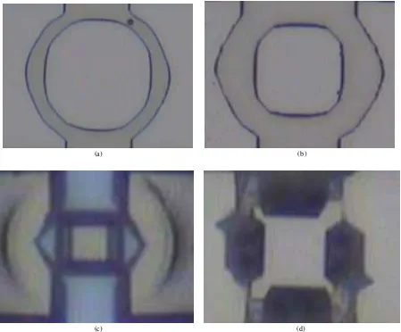 Fig. 8. Microscope pictures of circular waveguides at (a) 33°C (b) 40°C (c) 50°C and (c) 60°C for 15 min etching time 