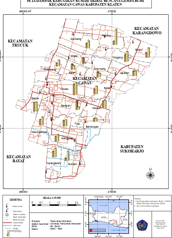 Gambar 1.1. Peta Dampak Kerusakan Rumah Akibat Bencana Gempa Bumi Kecamatan Cawas Kabupaten Klaten