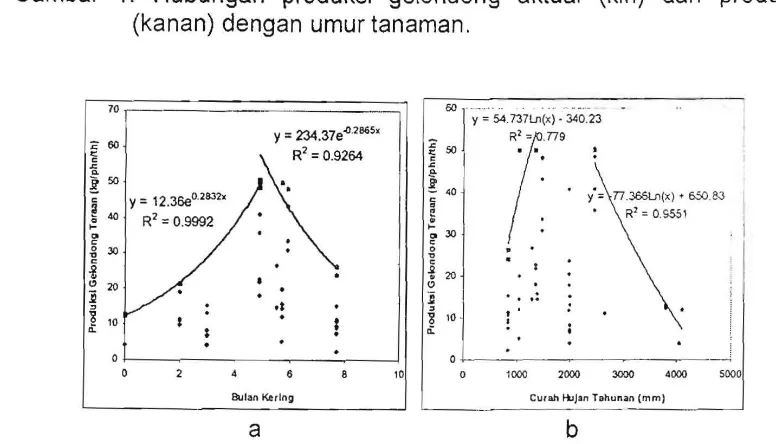 Gambar 1.  Hubungan  produksi  gelondong  aktual  (kiri)  dan  produksi  teraan (kanan) dengan umur tanaman. 