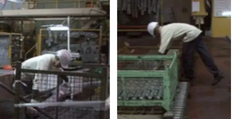 Figure 1. Workers arrange the metal stamped parts in standing position and awkward working posture 
