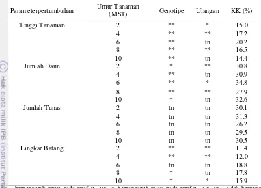 Tabel 3 Hasil analisis ragam pertumbuhan vegetatif ubi kayu Gajah 3 BST pada generasi M1V2 