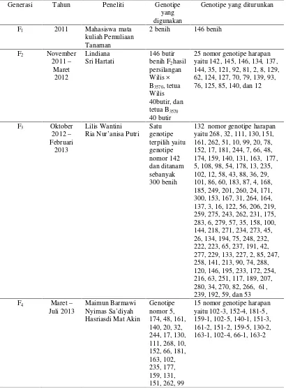 Tabel 1. Silsilah genotipe yang digunakan populasi Wilis x B3570.