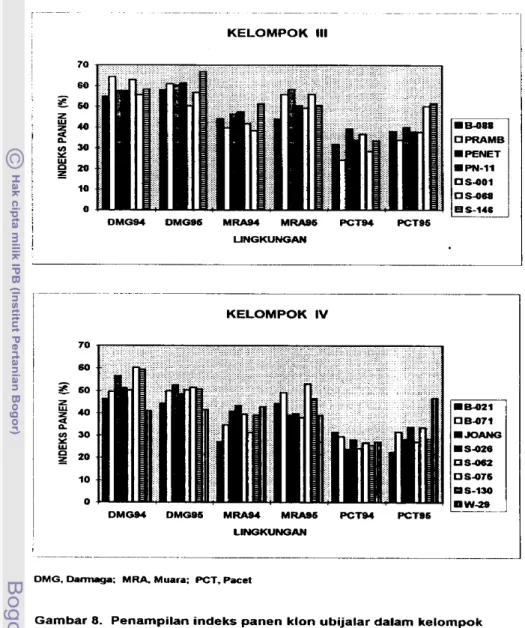 Gambar 8.  Penampilan indeks panen klon ubijalar dalam kelompok  kestabilan  Itl  dan  IV  Francis-Kannenberg 