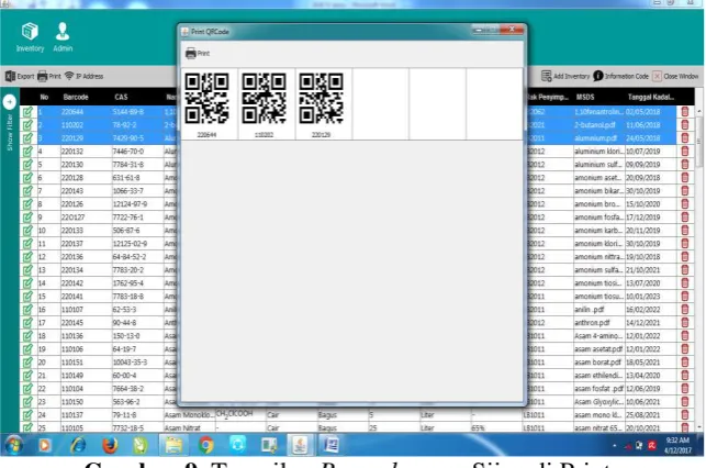 Gambar 8 . Tampilan Print QRCode  Sistem Inventori Bahan Kimia (SIBaKi). 