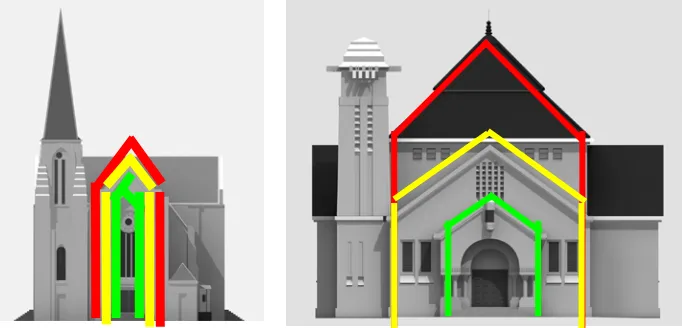 Gambar 5(a&b).  Fasade Gereja Katedral St. Petrus (kiri) dan Gereja GPIB Bethel (kanan) (Sumber : dokumentasi pribadi, 2007) 