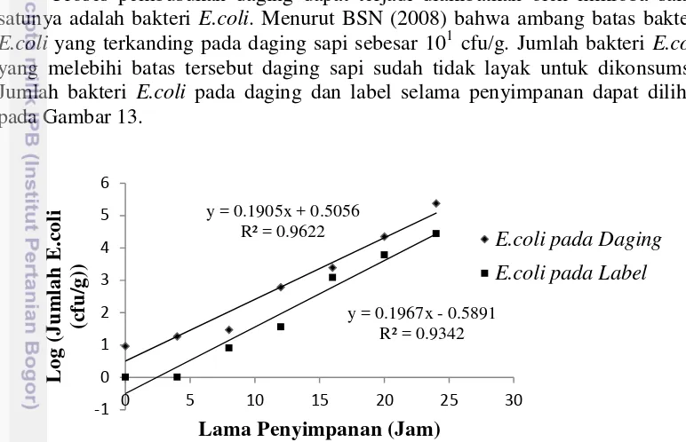 Gambar 13 Jumlah E.coli pada daging dan yang tertangkap label suhu (25±2)ᵒC 