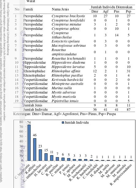 Tabel 2  Komposisi jenis kelelawar yang ditemukan di Hutan Pendidikan Gunung 