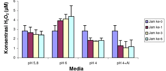 Gambar 4 Produksi H2O2 pada berbagai pH  media tanpa agitasi (n=3).  