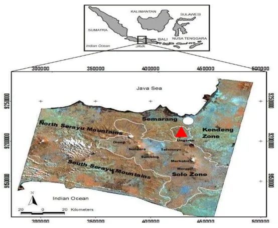 Gambar 3.1. Peta Topografi Jawa Tengah (Lokasi Penelitian  di Tunjukkan dengan Tanda) ▲