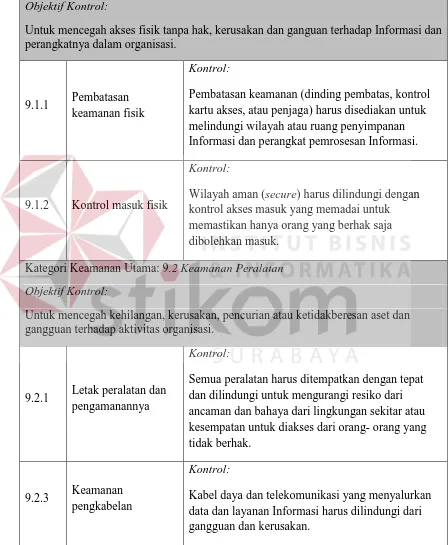 Tabel 2.3 Detail Struktur Dokumen Kontrol Keamanan ISO/IEC 27002:2005 (Lanjutan) Klausul: 9 Keamanan fisik dan lingkungan 