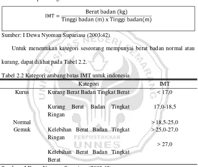 Tabel 2.2 Kategori ambang batas IMT untuk indonesia 