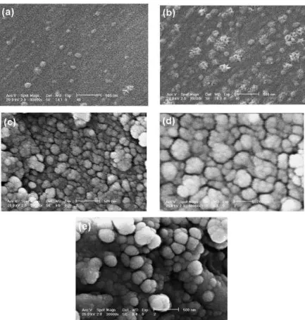 Figure 2.4: SEM Micrographs of TiO 2 thin ﬁlms calcined at various temperatures for 1 h: (a) 
