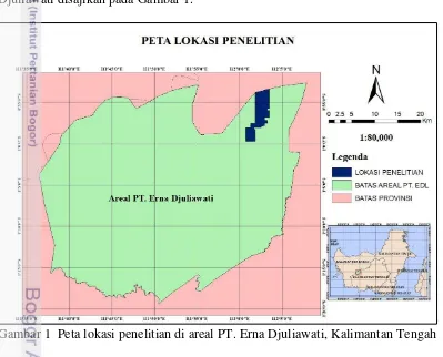 Gambar 1  Peta lokasi penelitian di areal PT. Erna Djuliawati, Kalimantan Tengah  Lokasi penelitian digolongkan sebagai hutan hujan tropika basah dataran rendah yang didominasi oleh famili Dipterocarpaceae