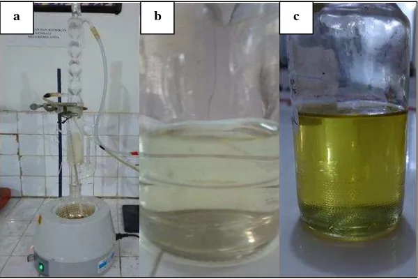 Gambar 6. Sokletasi biji ketapang, (a) alat soklet, (b) hasil sokletasi biji ketapang, (c) minyak biji ketapang 